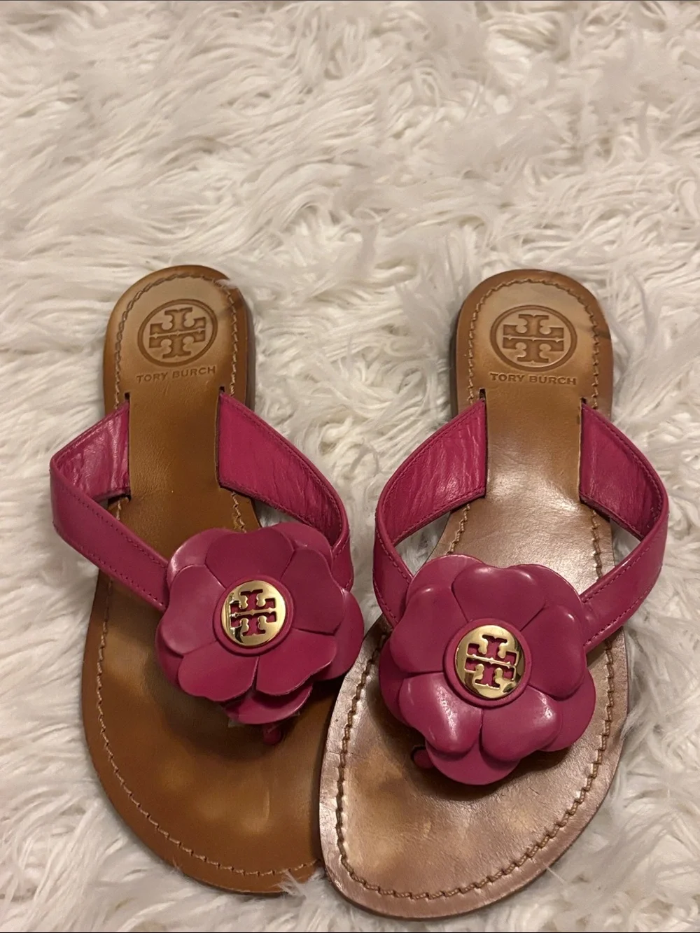 Tory Burch Fuchsia Floral Leather Thong Sandals